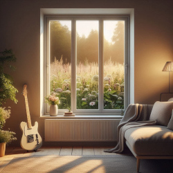 Cozy living romm with an electric guitar